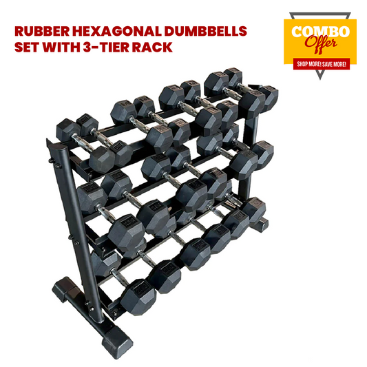 Rubber Hexagonal Dumbbells Set with 3-Tier Rack